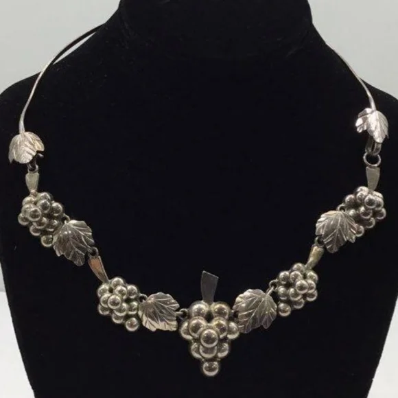 925 Vintage Grapes Taxco Mexico Necklace Earrings Sterling Silver Choker Estate - Picture 3 of 16